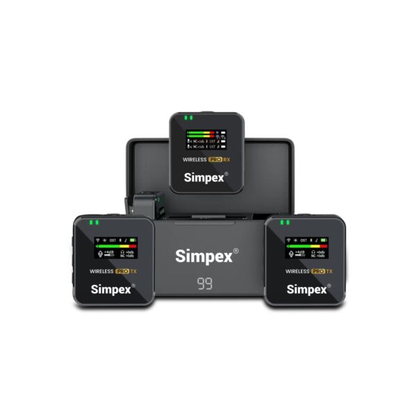 Simpex SWM-103, 2-in-1 wireless microphone system with 100M range, 12hrs of work time, LCD screen on all the units, plug and play, noise cancellation, compatible with smartphones and camera for vlogging, meeting or video shoot