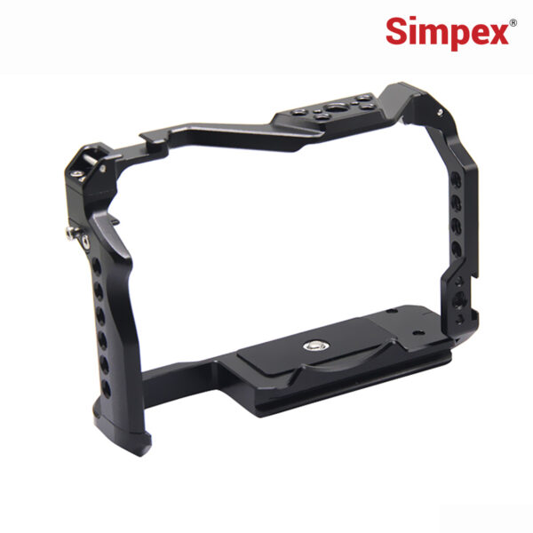 Simpex metal cage for Canaon EOS R8 built-in quick release plate for arca-type with 1/4 threaded holes, 3/8" locating holes for arri, included cold shoe
