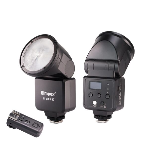 Simpex TT 590R, On Camera Round Head Flash Light with In-Built Lithium-ion Battery that supports USb-C Charging, 2.4 Ghz in built reciever for wireless triggering and a universal hot shoe design.